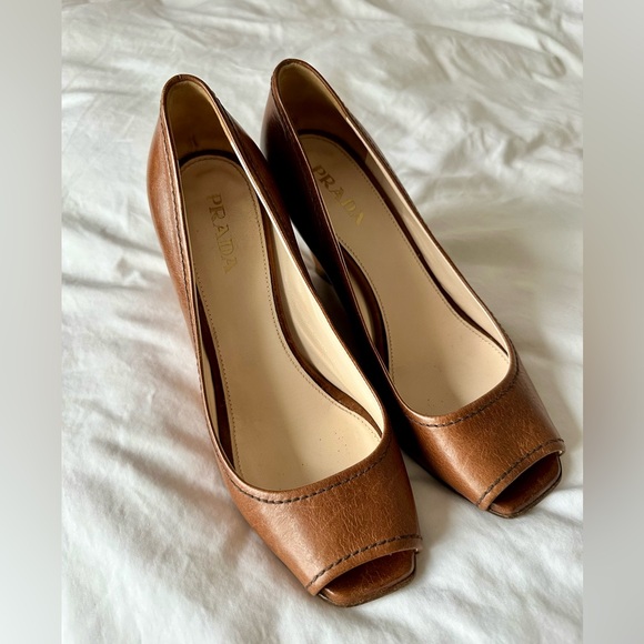 Prada Women's Tan Peep-Toe Wedges - Picture 8 of 8